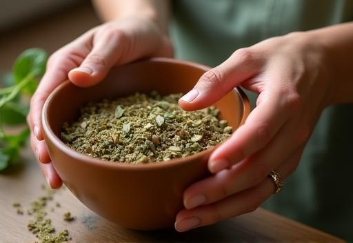 Close-up of hands crafting organic cosmetics ingredients in a studio setting in India