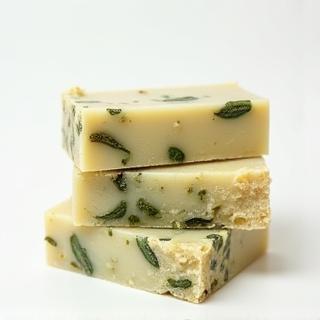 Handcrafted natural soap bar with visible herbs and texture